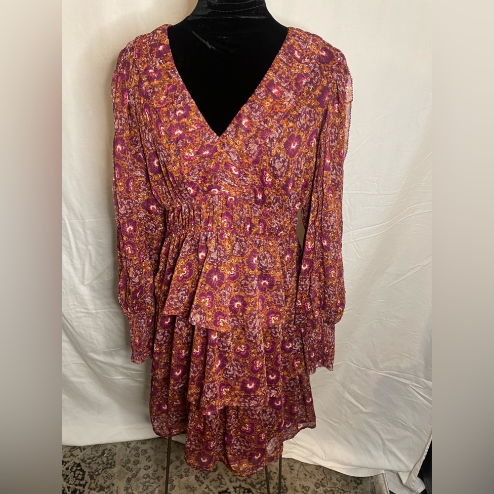 NWT House of Harlow 1960 Cranberry Floral Boho Tier V-Neck Sleeved Mini Dress 10